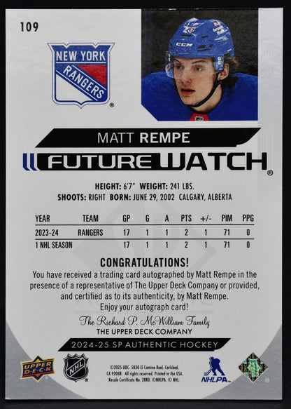 2024-25 SP Authentic Future Watch Autograph Matt Rempe 109 RC Auto 789/999