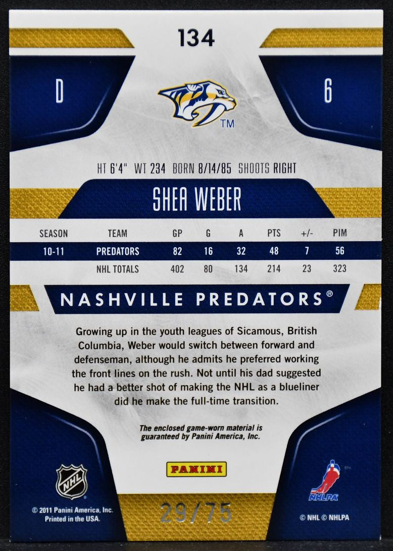 2011-12 Panini Certified Mirror Red Materials Dual Shea Weber 134 29/75 Jersey