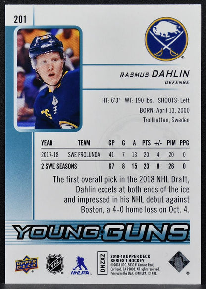 2018-19 Upper Deck Series 1 Young Guns Rasmus Dahlin 201 Buffalo Sabres RC 8234