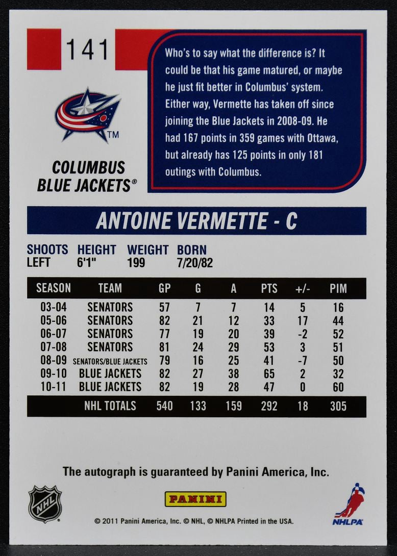 2011-12 Panini Score Signatures Antoine Vermette 141 Blue Jackets Auto 6061