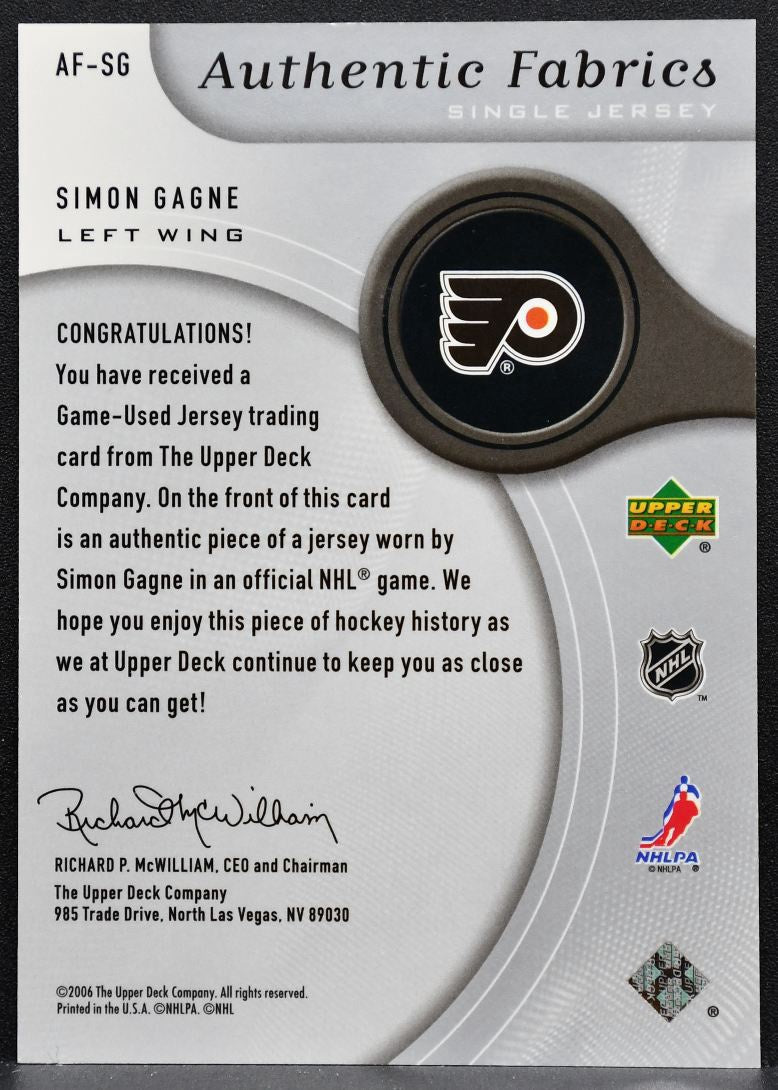 2005-06 UD Artifacts Auto Facts Simon Gagne AF-SG Flyers Auto Jersey 3735