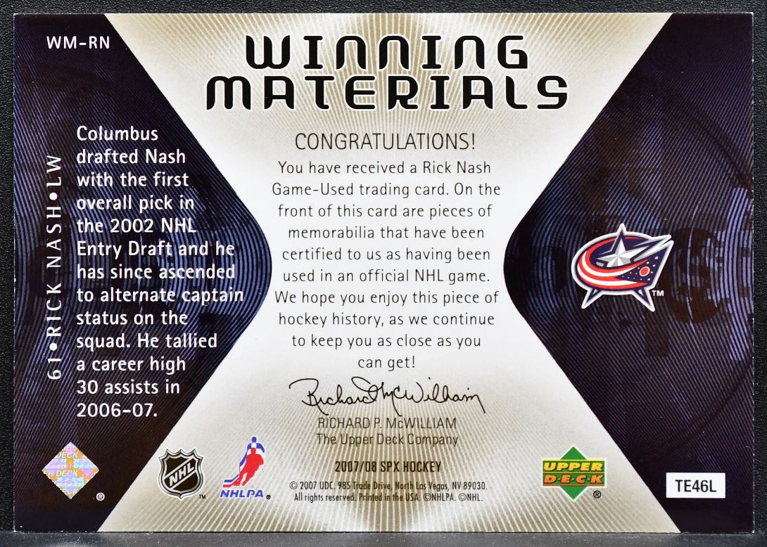 2007-08 SPx Winning Materials Rick Nash WM-RN Columbus Blue Jackets Jersey 1519