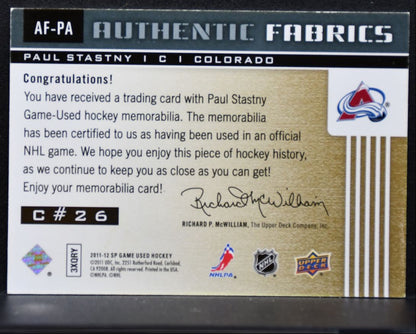 2011-12 SP Game Used Authentic Fabrics Paul Stastny AF-PA Avalanche Jersey 3230