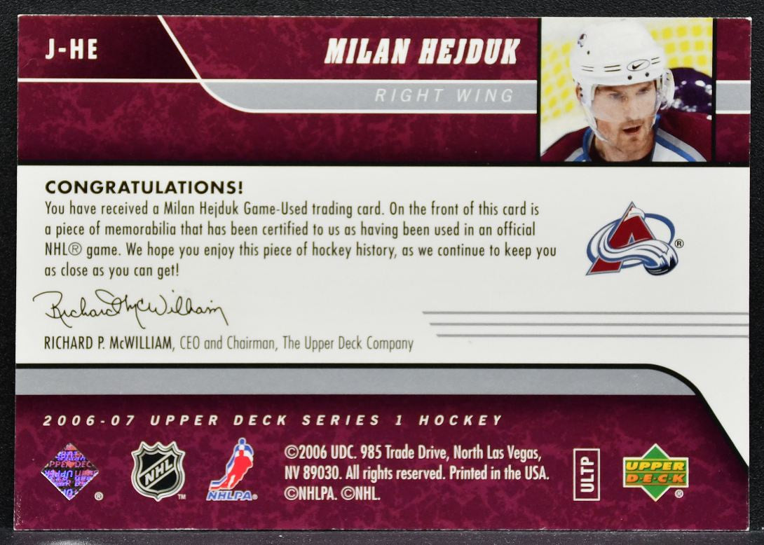2006-07 Upper Deck Series 1 UD Game Jerseys Milan Hejduk Avalanche Jersey 2440