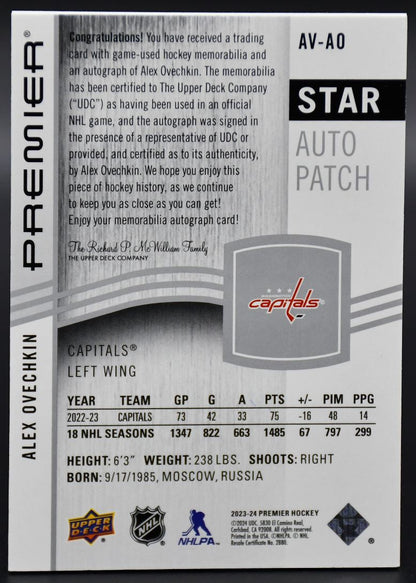 2023-24 UD Premier Alex Ovechkin AV-AO Washington Capitals Auto 15/15 Patch
