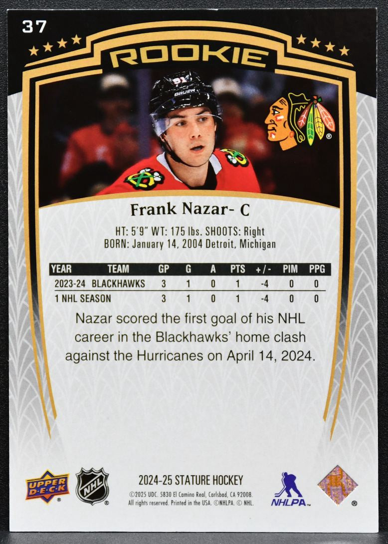 2024-25 Upper Deck Stature Rookie Frank Nazar 37 Blackhawks RC 406/999 5275
