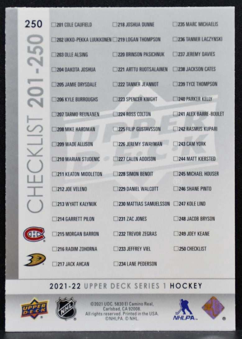 2021-22 UD Series 1 Checklist Young Guns Caufield/Zegras RC 8338