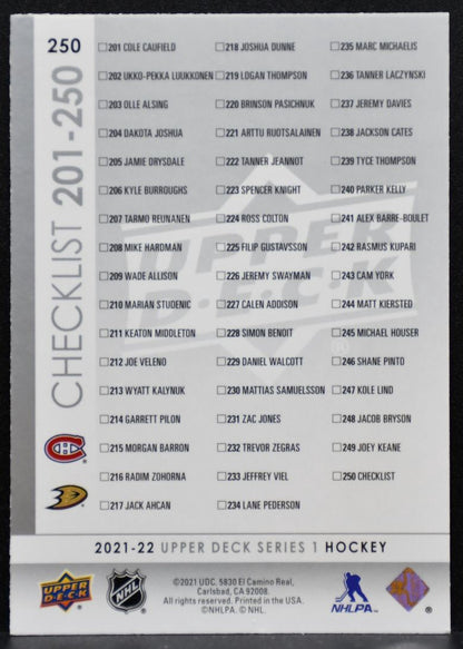 2021-22 UD Series 1 Checklist Young Guns Caufield/Zegras RC 8338