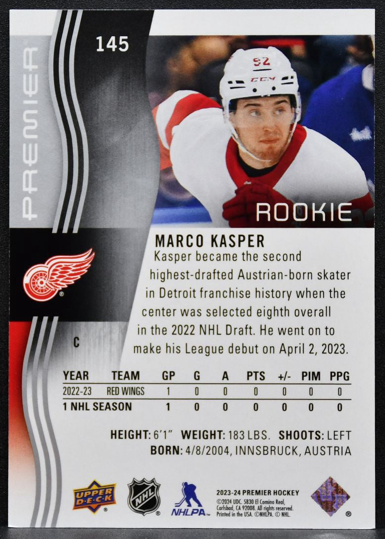 2023-24 Upper Deck Premier Rookie Marco Kasper 145 Red Wings RC 371/399 4773