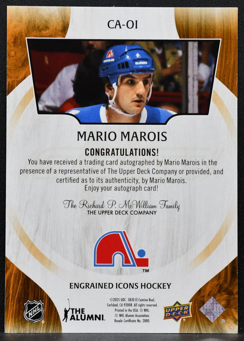 2024-25 UD Engrained Icons Base Auto Mario Marois Quebec Nordiques Auto 7405