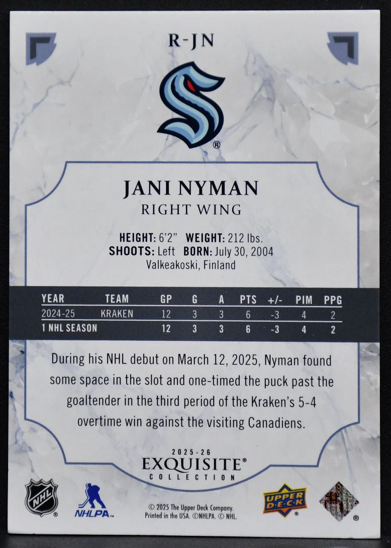 2025-26 UD Black Diamond Exquisite Collection Rookies Jani Nyman R-JN RC /399
