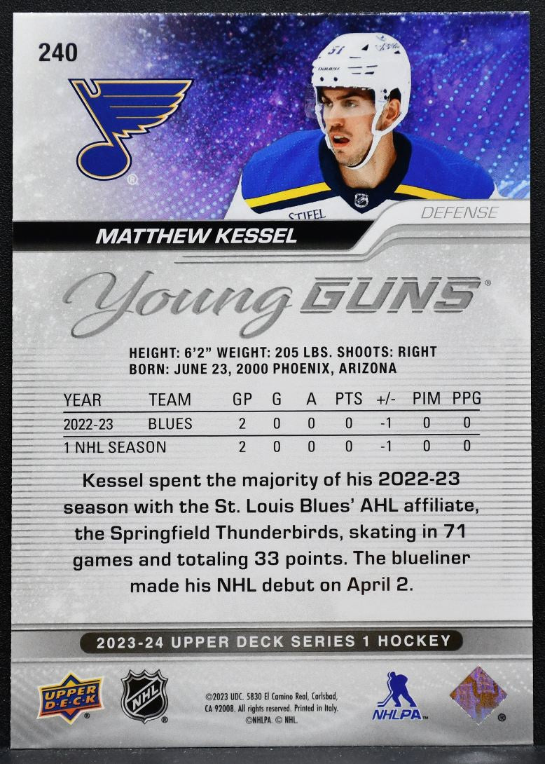 2023-24 UD Series 1 Young Guns Outburst Red Matthew Kessel Blues RC 16 /25 2706