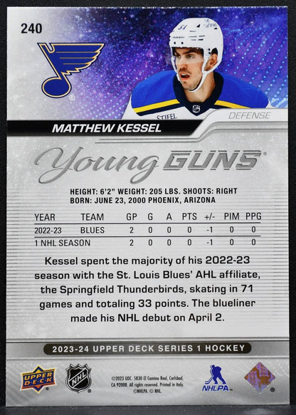 2023-24 UD Series 1 Young Guns Outburst Red Matthew Kessel Blues RC 16 /25 2706