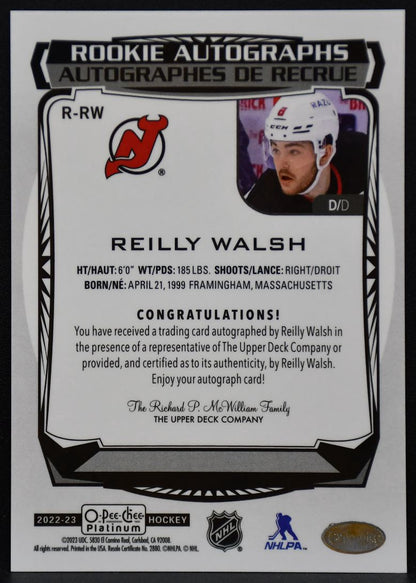 2022-23 O-Pee-Chee Platinum Rookie Auto Reilly Walsh R-RW Devils RC Auto 8256