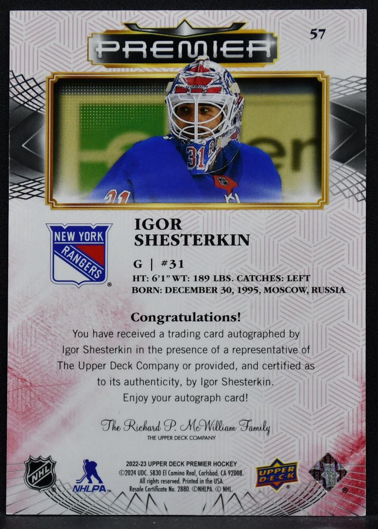 2022-23 UD Premier Auto Igor Shesterkin 57 New York Rangers Auto