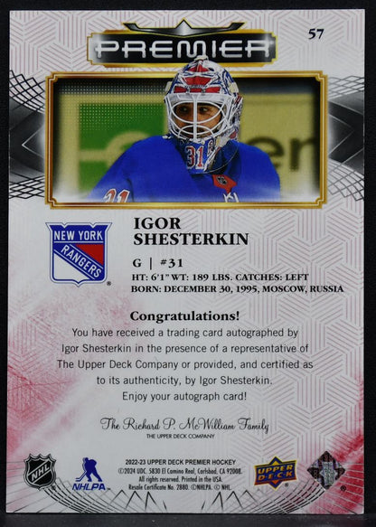 2022-23 UD Premier Auto Igor Shesterkin 57 New York Rangers Auto