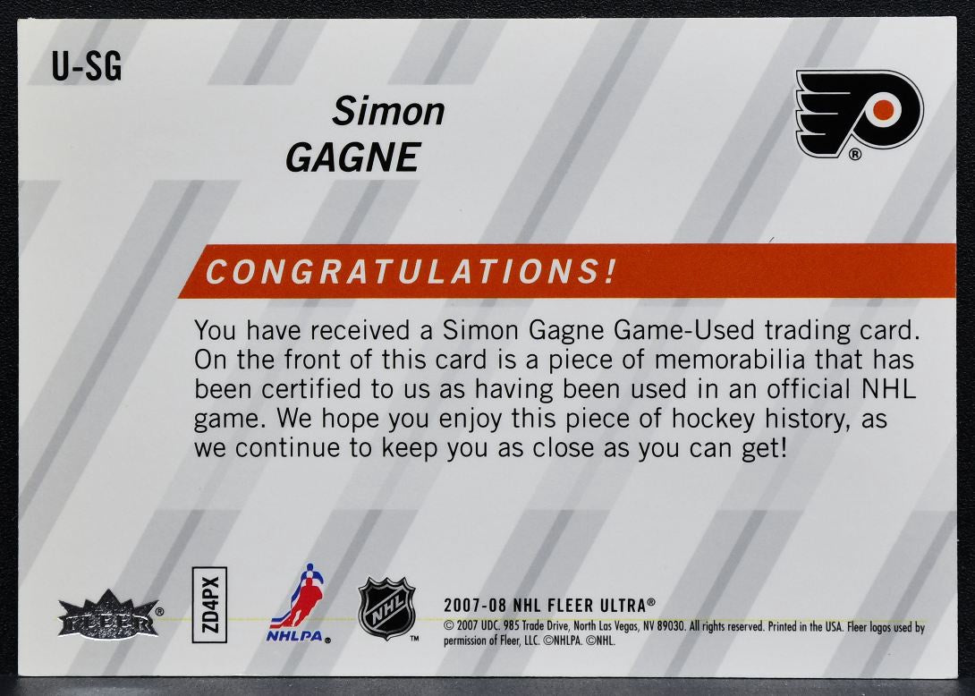 2007-08 Fleer Ultra Ultra Uniformity Simon Gagne U-SG Flyers Jersey 3339