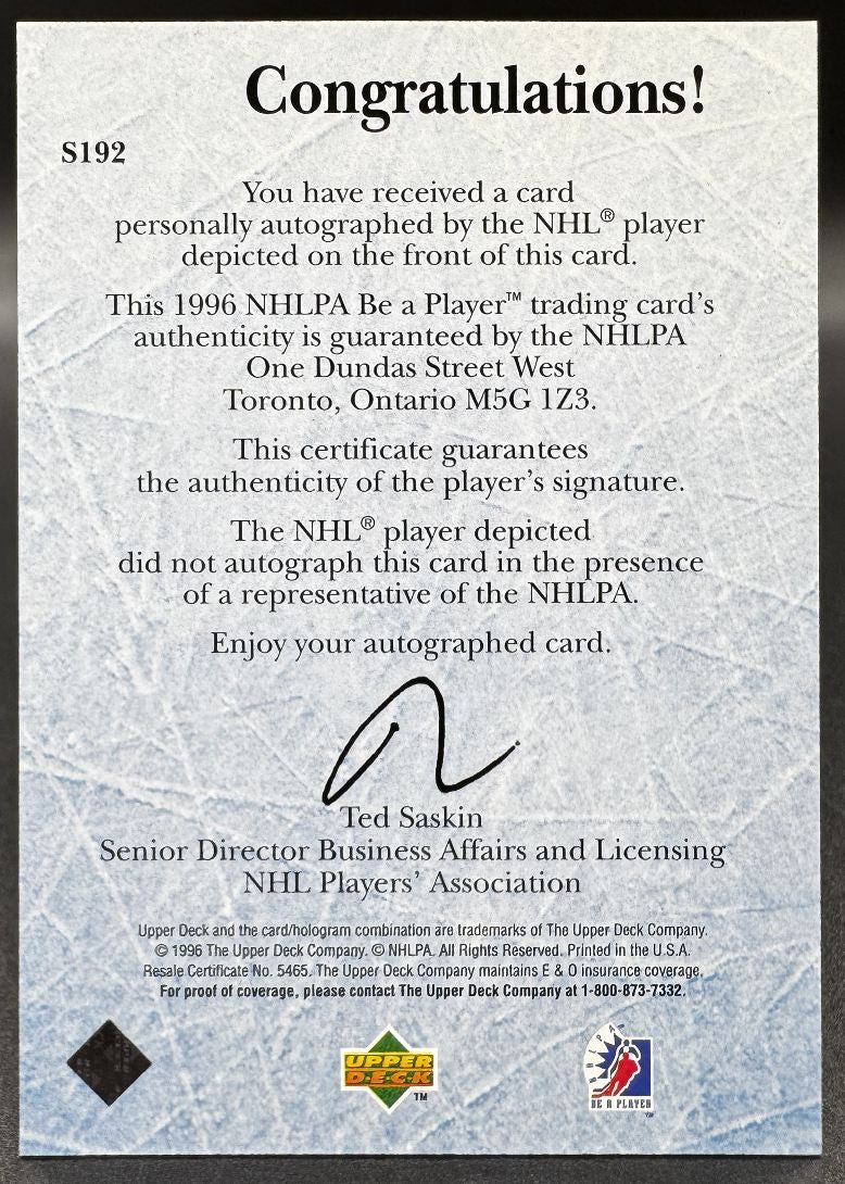 1995-96 UD Be a Player Autographs Dominik Hasek S192 Buffalo Sabres Auto