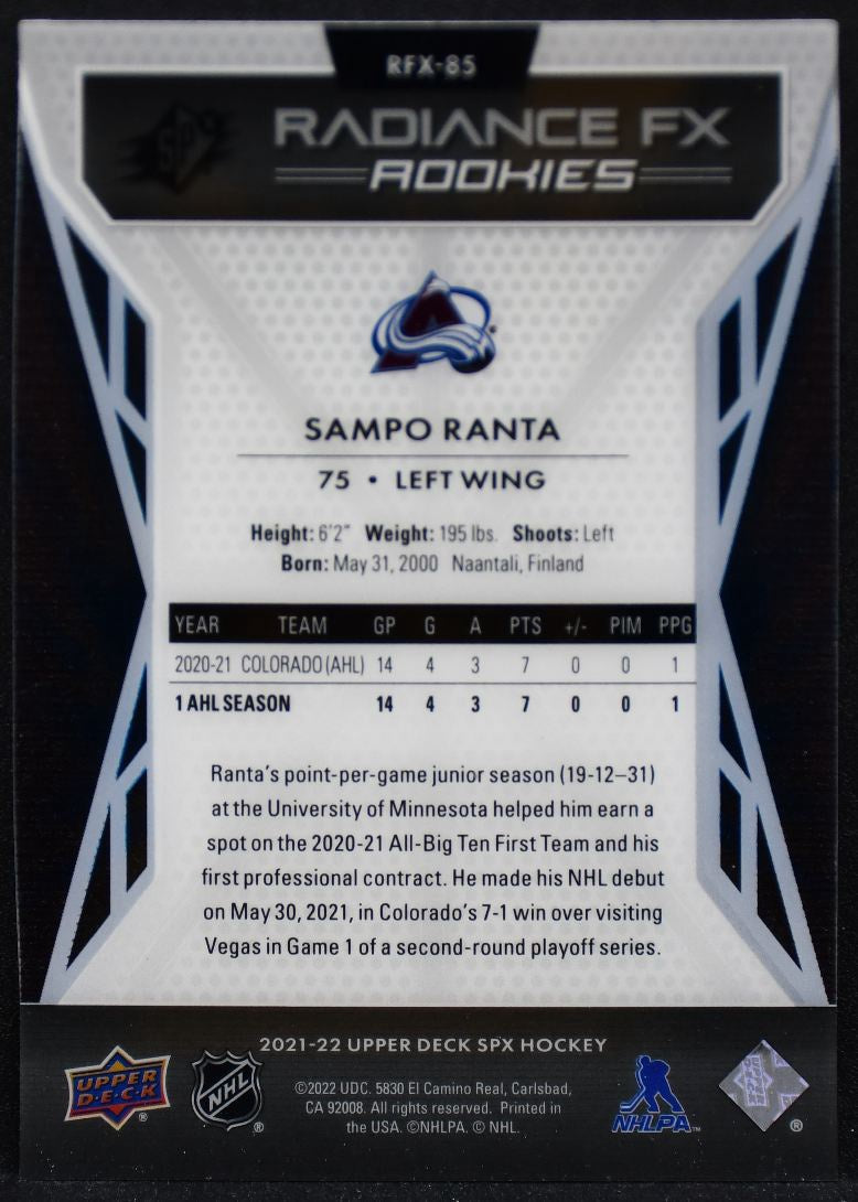 2021-22 SPx Radiance FX Rookies Sampo Ranta RFX-85 Avalanche RC 038/150 4425