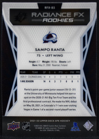 2021-22 SPx Radiance FX Rookies Sampo Ranta RFX-85 Avalanche RC 038/150 4425