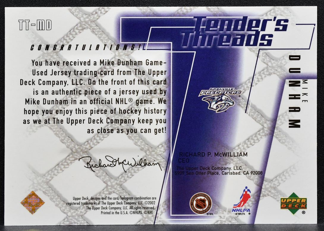 2002-03 Upper Deck Tender's Threads Mike Dunham TT-MD Predators Jersey 0758