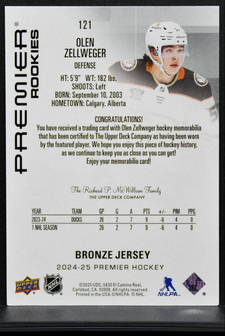 2024-25 UD Premier Rookies Bronze Olen Zellweger Anaheim Ducks RC Jersey 9584