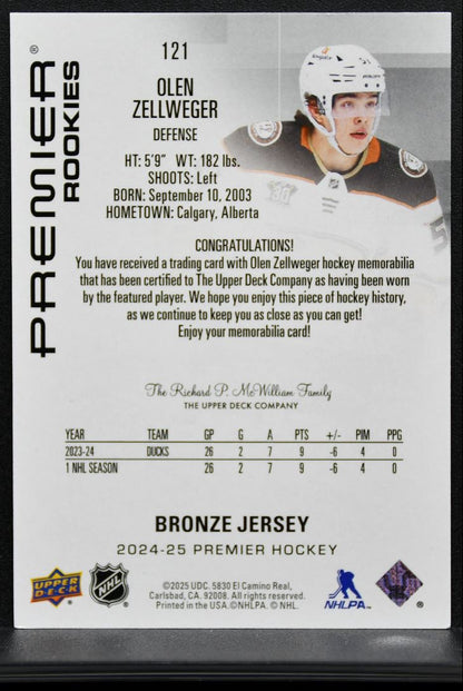 2024-25 UD Premier Rookies Bronze Olen Zellweger Anaheim Ducks RC Jersey 9584