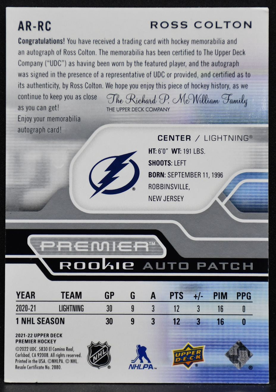 2021-22 UD Premier Acetate Rookie Auto Patch Ross Colton AR-RC RC Auto /249