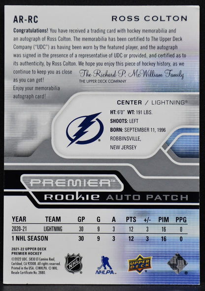 2021-22 UD Premier Acetate Rookie Auto Patch Ross Colton AR-RC RC Auto /249