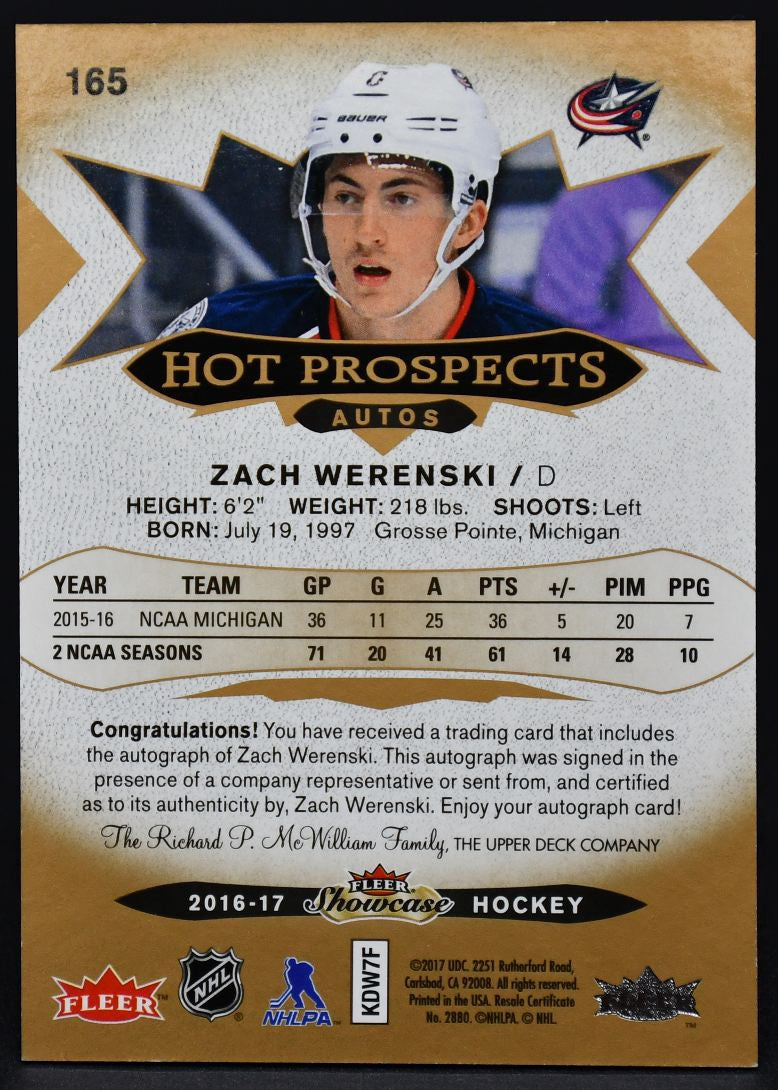 2016-17 Fleer Showcase Hot Prospect Autos Zach Werenski 165 RC Auto 170/499