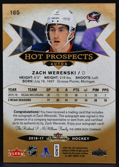 2016-17 Fleer Showcase Hot Prospect Autos Zach Werenski 165 RC Auto 170/499