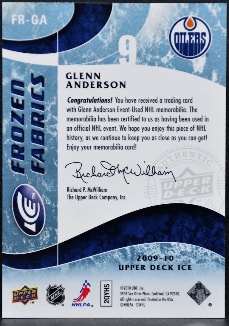 2009-10 Upper Deck Ice Frozen Fabrics Glenn Anderson FR-GA Oilers Jersey 0641