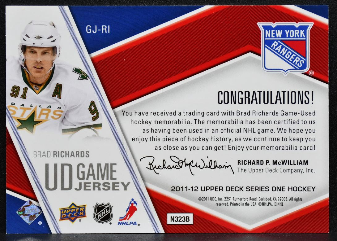 2011-12 UD Series 1 UD Game Jersey Brad Richards GJ-RI Rangers Jersey 3381