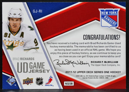 2011-12 UD Series 1 UD Game Jersey Brad Richards GJ-RI Rangers Jersey 3381