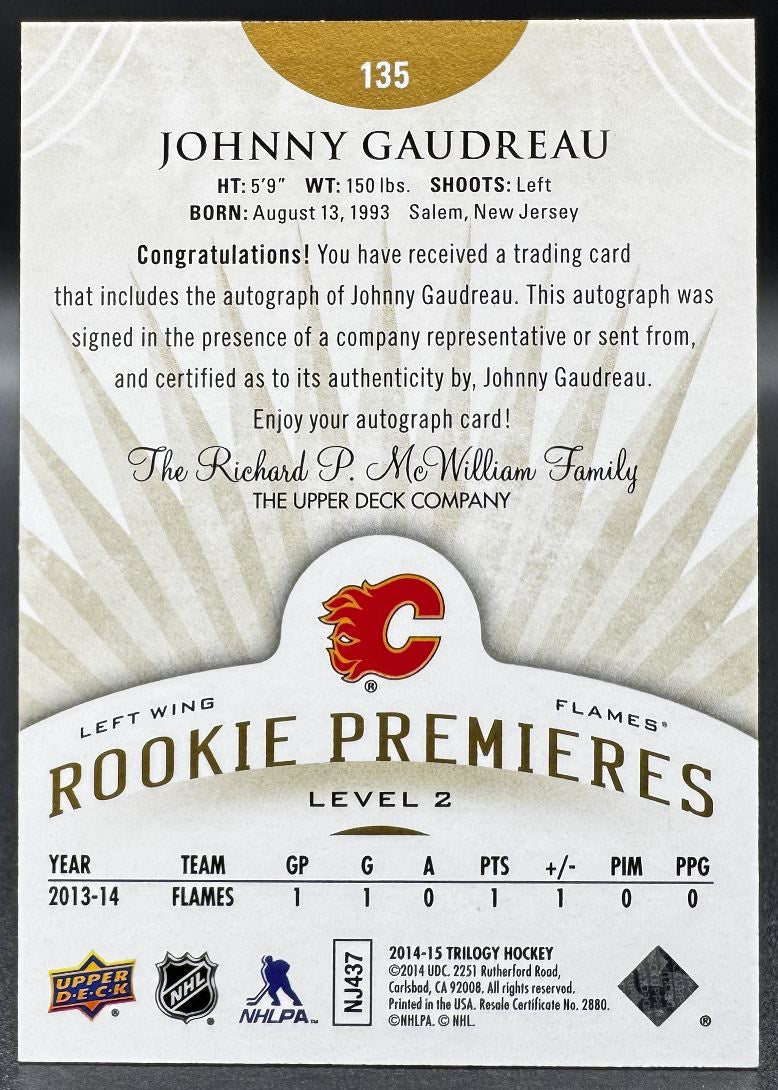 Carte Johnny Gaudreau 135 Calgary Flames Auto 002/399, Trilogie UD niveau 2 2014-15
