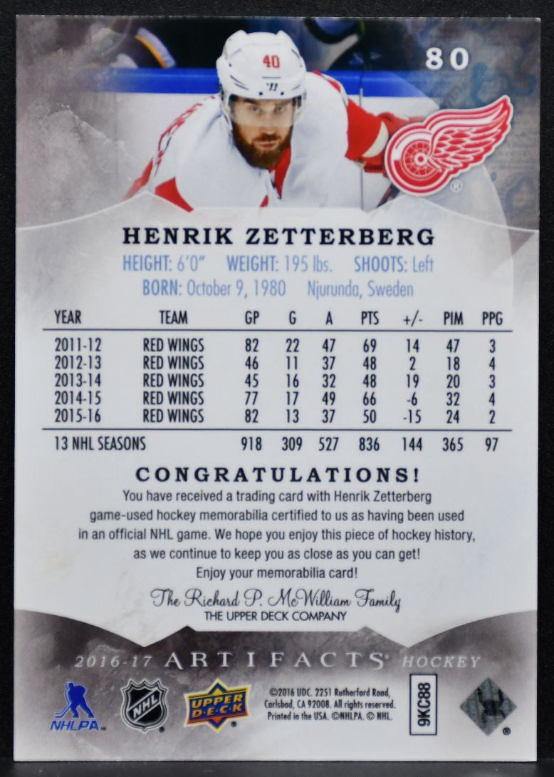 2016-17 UD Artifacts Silver Materials Henrik Zetterberg 044/125 Jersey 8055
