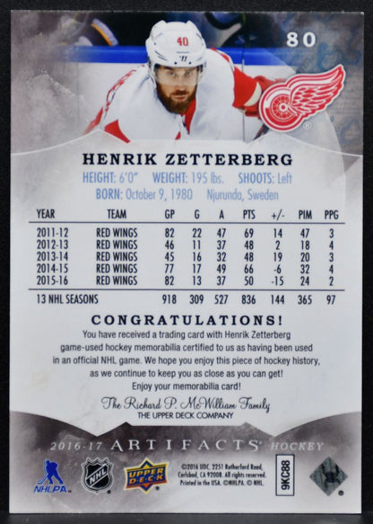 2016-17 UD Artifacts Silver Materials Henrik Zetterberg 044/125 Jersey 8055