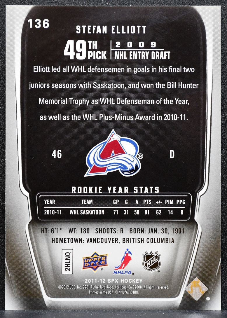 2011-12 SPx Rookie Stefan Elliott 136 Colorado Avalanche RC 436/499 0511