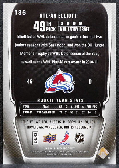 2011-12 SPx Rookie Stefan Elliott 136 Colorado Avalanche RC 436/499 0511