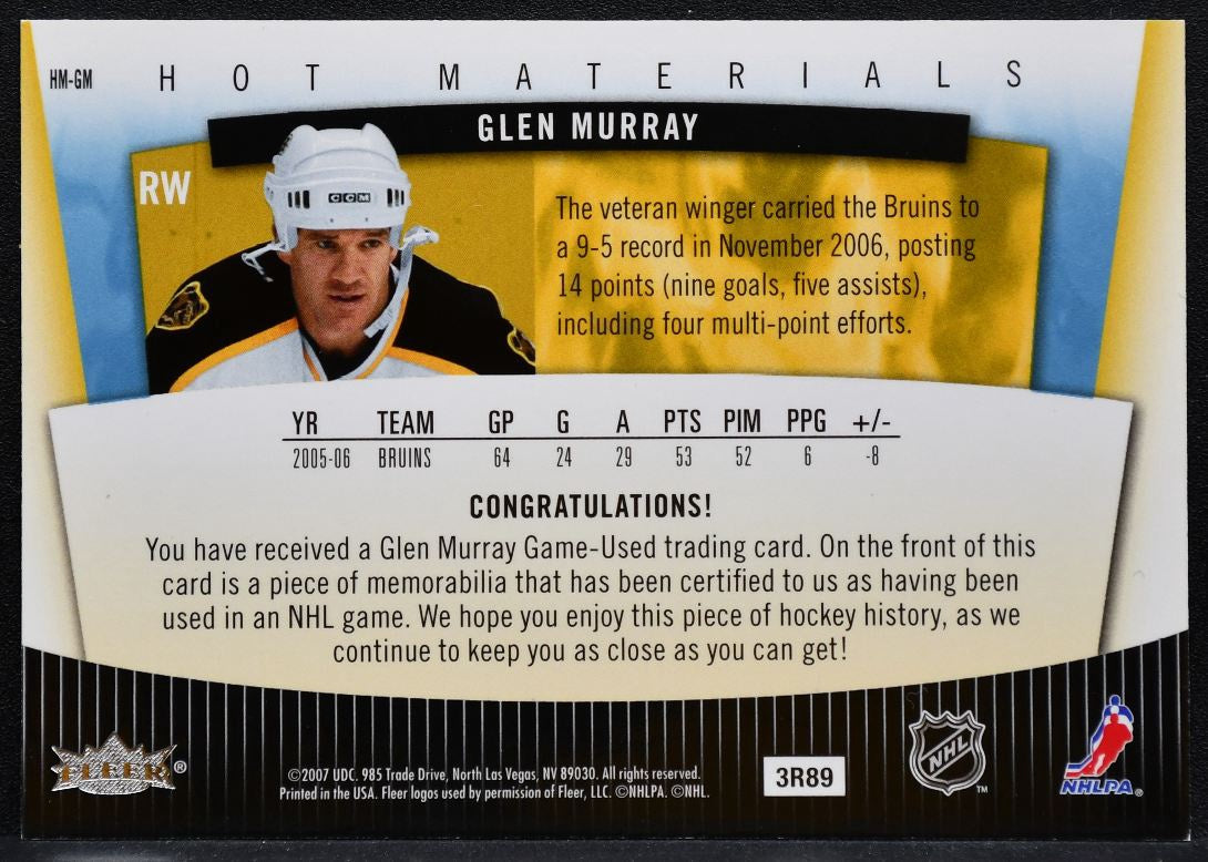 2007-08 Fleer Hot Prospects Hot Materials Glen Murray Bruins 019/100 Jersey 2776
