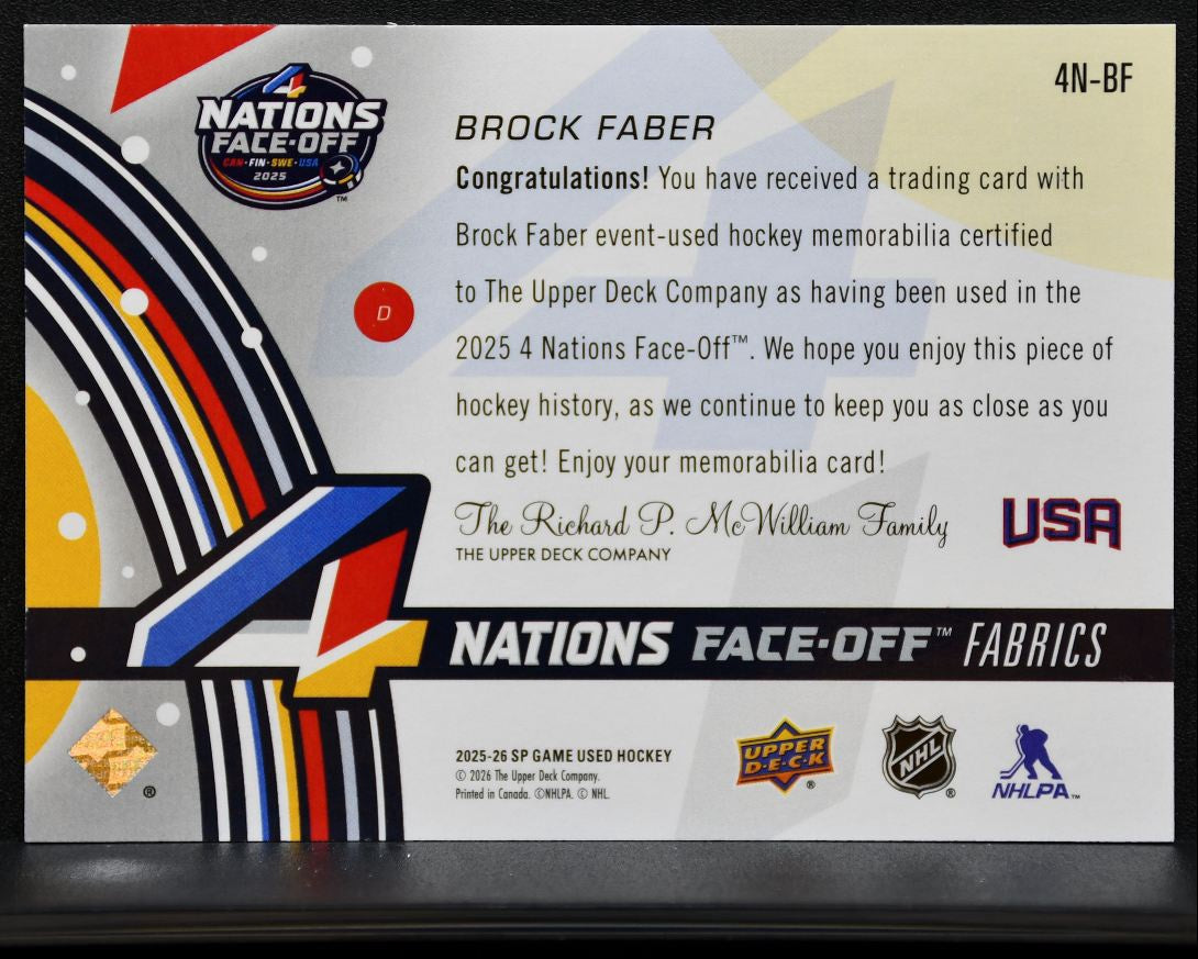2025-26 SP Game Used 4 Nations Face Off Fabrics Brock Faber USA Jersey 0719
