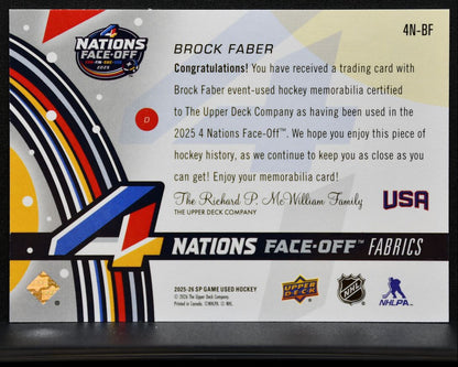 2025-26 SP Game Used 4 Nations Face Off Fabrics Brock Faber USA Jersey 0719