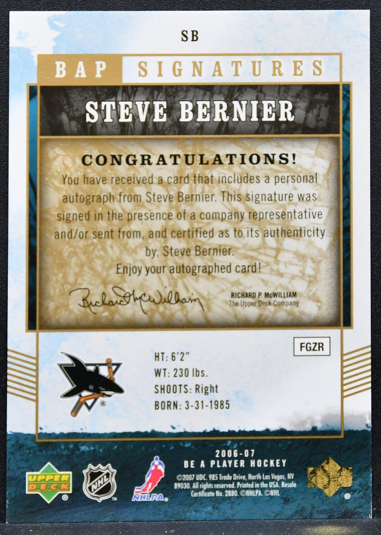 2006-07 Upper Deck Be A Player Signatures Steve Bernier SB Sharks Auto 1573