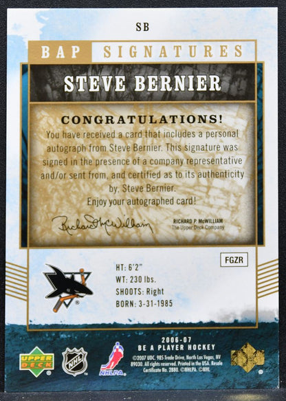 2006-07 Upper Deck Be A Player Signatures Steve Bernier SB Sharks Auto 1573
