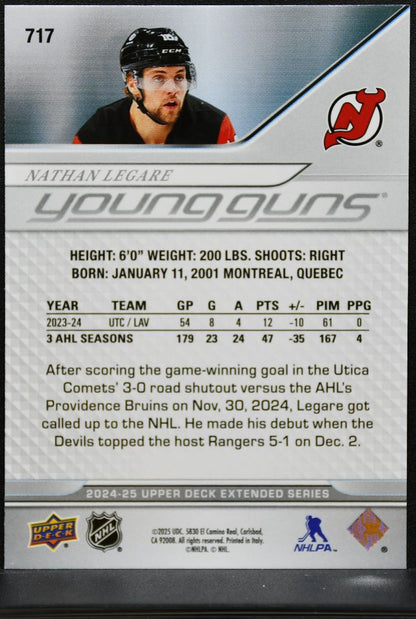 2024-25 UD Extended Series Young Guns Nathan Legare 717 Devils RC 0595