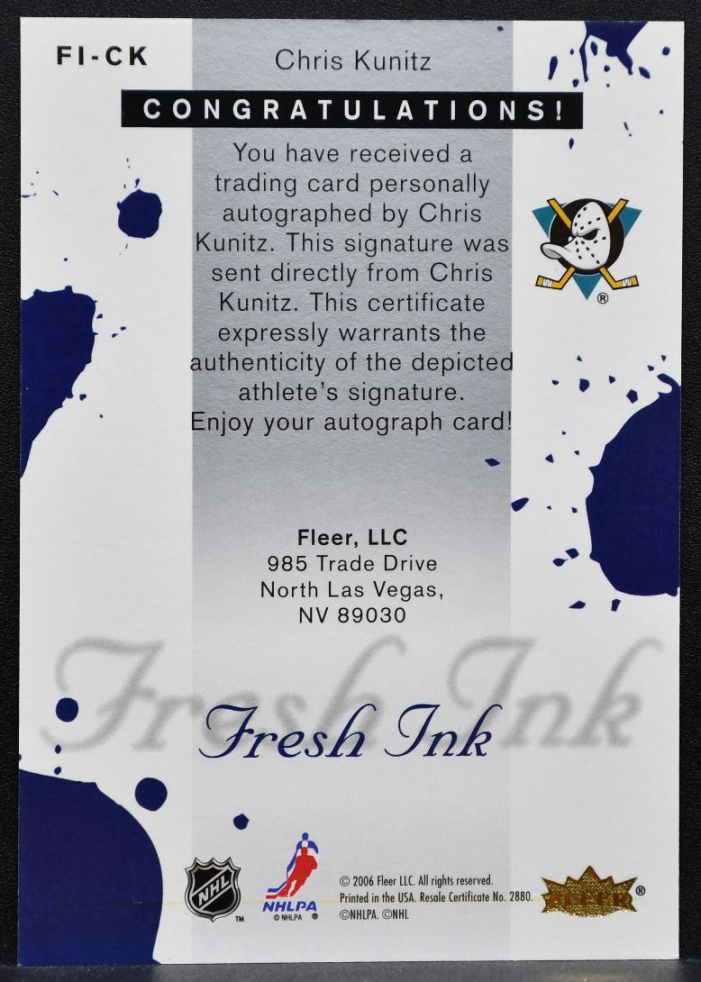 2005-06 Fleer Ultra Fresh Ink Chris Kunitz FI-CK Anaheim Mighty Ducks Auto 1971