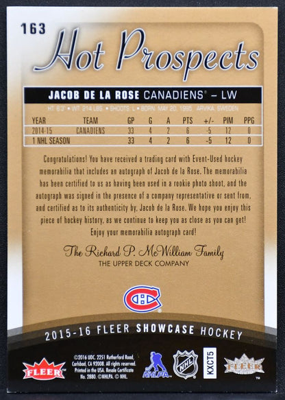 2015-16 Fleer Showcase Hot Prospect de la Rose Canadiens RC Auto /499 Patch 0409