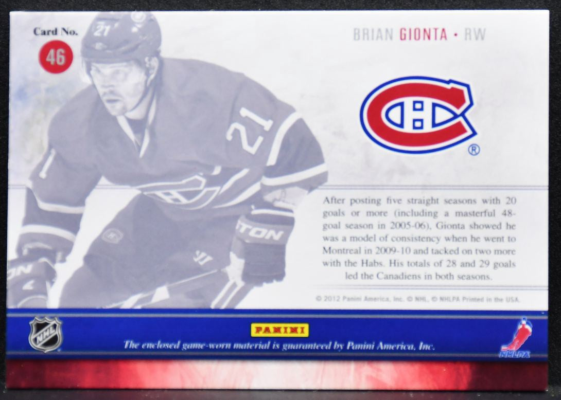 2011-12 Panini Prime Showcase Swatches Brian Gionta Canadiens 05/25 Jersey 3562