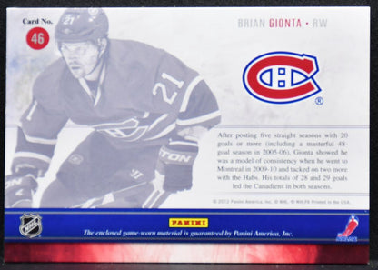 2011-12 Panini Prime Showcase Swatches Brian Gionta Canadiens 05/25 Jersey 3562