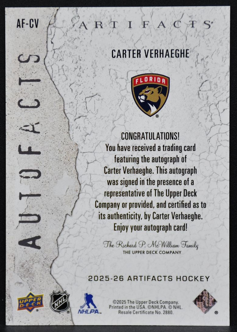 2025-26 UD Artifacts Autofacts Carter Verhaeghe AF-CV Florida Panthers Auto 4498